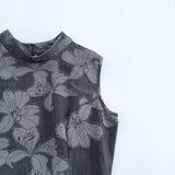 Women Half High Neck Sleeveless Printed Waist Cinched Short Dress