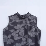 Women Half High Neck Sleeveless Printed Waist Cinched Short Dress