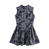 Women Half High Neck Sleeveless Printed Waist Cinched Short Dress