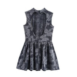 Women Half High Neck Sleeveless Printed Waist Cinched Short Dress
