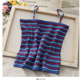 Women Knitted Rib Striped Spaghetti Strap Slim Fit Cropped Top