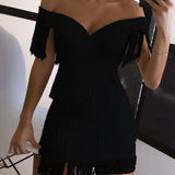 Women Sleeveless Bodycon Off Shoulder Tassel Mini Short Bandage Dress