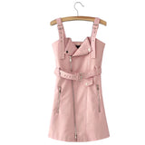 Women PU Leather V Neck Mini Sash Zipper Sundress Vestidos