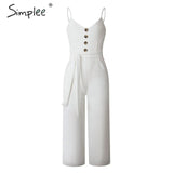 Spaghetti Strap Women Knee Length Jumpsuit Elegant Sashes Buttons