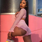 Cute Ruffled Mesh Trim Pink Shorts Set Two Piece Women Boho Knitted Crop Top High Waist
