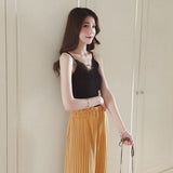 Women Hook Flower Lace Solid Stitching V-Neck Knitted Sleeveless Tops