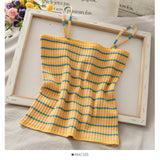 Women Knitted Rib Striped Spaghetti Strap Slim Fit Cropped Top
