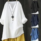 Women Loose Blouses Shirt Solid Linen Cotton Long Sleeve Button