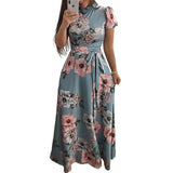Women Short Sleeve Long Boho Floral Print Maxi Bandage Dress