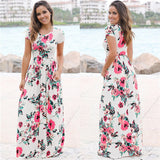 Women Long Maxi Floral Print Boho Short Sleeve Tunic Vestidos Dress Plus Sizes