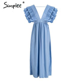 Simplee Women's Elegant V Neck Long Dresses Ruffles High Waist