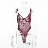 Women Sheer Lace Bodysuit Backless Transparent Mesh Bow Jumpsuit