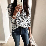 Women Long Sleeve Leopard Blouse V Neck Shirt OL Top