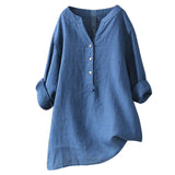 Women Loose Blouses Shirt Solid Linen Cotton Long Sleeve Button