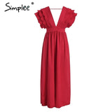 Simplee Women's Elegant V Neck Long Dresses Ruffles High Waist