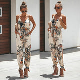 Women V Neck Bodysuit Belt Floral Overalls Print Jumpsuit