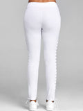 Women Solid Color Elastic Lace Up Grommet Spandex Leggings