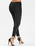 Women Solid Color Elastic Lace Up Grommet Spandex Leggings