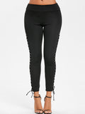 Women Solid Color Elastic Lace Up Grommet Spandex Leggings