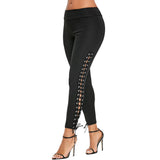 Women Solid Color Elastic Lace Up Grommet Spandex Leggings