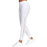 Women Solid Color Elastic Lace Up Grommet Spandex Leggings