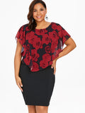 Women Plus Size Rose Overlay Capelet Dress