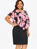 Women Plus Size Rose Overlay Capelet Dress