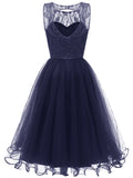 Women's Vintage Round Collar Sleeveless Backless Lace A Line Dress