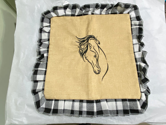 Horse Embroidery Plaid Trim Pillow