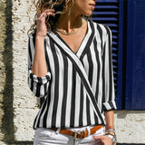 Women Striped Shirt Long Sleeve Blouse V-neck Top
