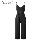 Spaghetti Strap Women Knee Length Jumpsuit Elegant Sashes Buttons