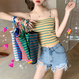 Women Knitted Rib Striped Spaghetti Strap Slim Fit Cropped Top