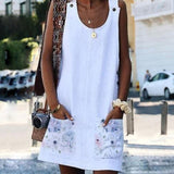 Women O-neck Button Solid sleeveless Pockets A-line Mini Dress