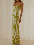 Women Geometric Print Long Spaghetti Straps Backless Sling Dress