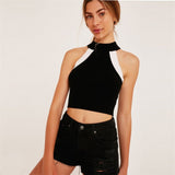 Women Cold Shoulder Elastic Crop Knitted Patchwork Sleeveless Tank Top