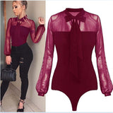 Women Bow Mock Neck Long Sleeve Transparent Bodysuit