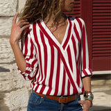 Women Striped Shirt Long Sleeve Blouse V-neck Top
