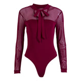 Women Bow Mock Neck Long Sleeve Transparent Bodysuit