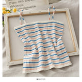 Women Knitted Rib Striped Spaghetti Strap Slim Fit Cropped Top