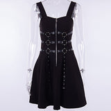 Women Eyelet Web Zipper Grunge Sleeveless Backless a-line Mini Dress