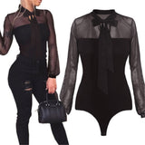 Women Bow Mock Neck Long Sleeve Transparent Bodysuit