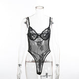 Women Sheer Lace Bodysuit Backless Transparent Mesh Bow Jumpsuit