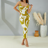 Women Geometric Print Long Spaghetti Straps Backless Sling Dress