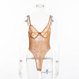 Women Sheer Lace Bodysuit Backless Transparent Mesh Bow Jumpsuit