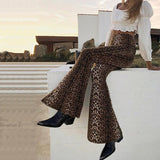 Women Leopard Animal Print Flare Pants High Waist Trousers