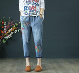 Women Denim Retro Embroidery Drawstring Holes Loose Seven Plus Size Pants