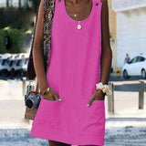 Women O-neck Button Solid sleeveless Pockets A-line Mini Dress