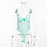 Women Sheer Lace Bodysuit Backless Transparent Mesh Bow Jumpsuit