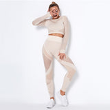Women 2Pcs Set Seamless Crop Long Sleeve Top Push Up High Waist Pants