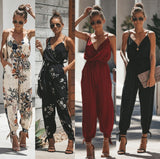 Women V Neck Bodysuit Belt Floral Overalls Print Jumpsuit